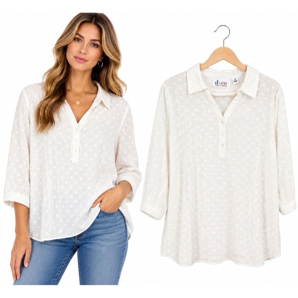 Denim Co Swiss Dot Pintuck Tunic Blouse Size 1X Collared Top White 3/4 Sleeve